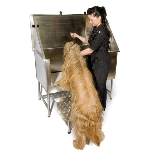 Bain toilettage fixe pour chien et chat. Acier inox, douche et escalier inclus