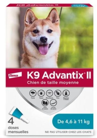 anti puces et tiques pour chiens de 4,6 à 11 kg, K9 Advantix ll Medium Dog 4.6-11 kg 4pk