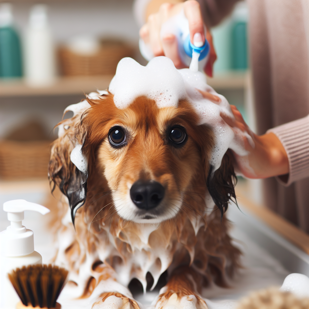 Chien avoir de lamousse de shampoing